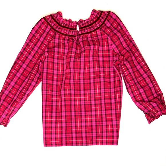 Talbots Velvet Trim Ruffle Popover Blouse in Moonlight Plaid Red and Pink Size L - Picture 2 of 8